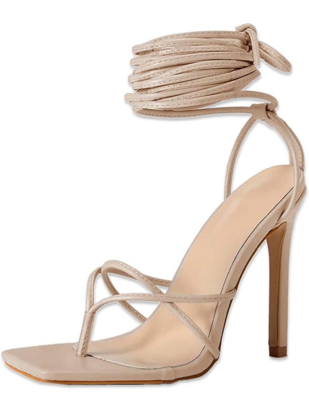Women's Apricot Lace Up Heeled Sandals Square Flip Flop High Heels Strappy Shoes